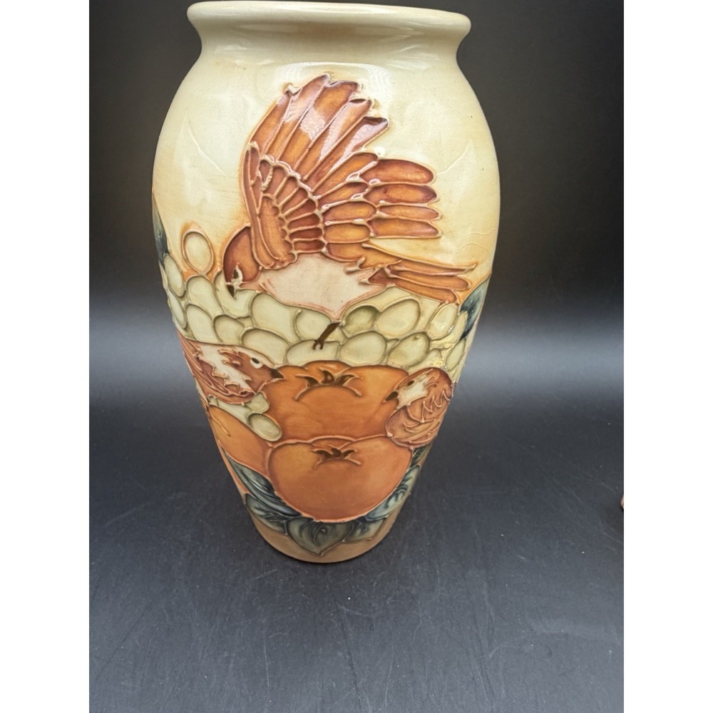 Moorcroft Finches Ochre Vase Sally Tuffin 1989 Hand Painted England